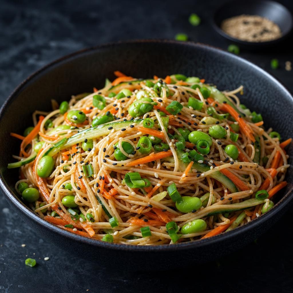 Asian Sesame Noodle Salad - beautifully plated pasta dish