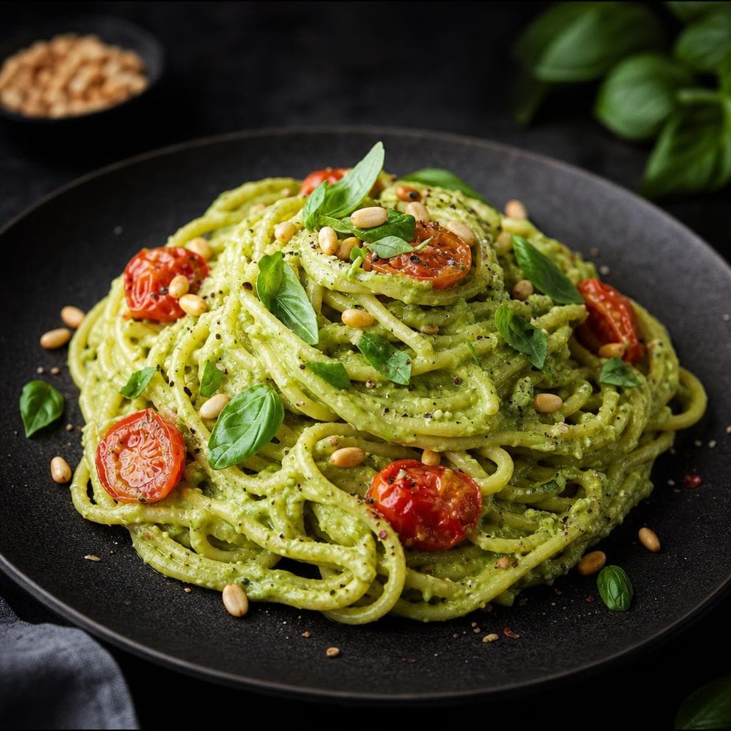 Avocado Pesto Pasta - beautifully plated pasta dish