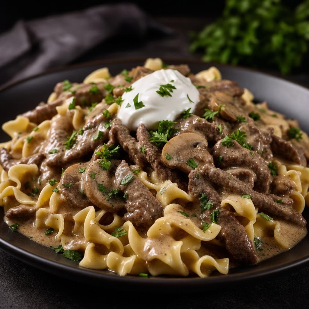 Beef Stroganoff Noodles - beautifully plated pasta dish