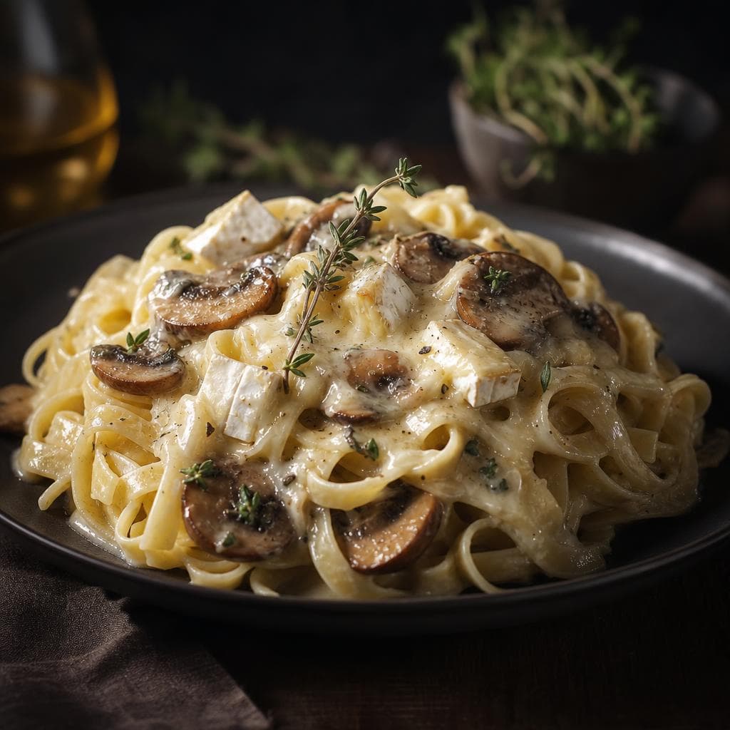 Brie and Mushroom Pasta - beautifully plated pasta dish