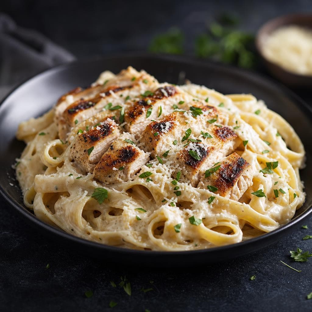 Chicken Alfredo - beautifully plated pasta dish