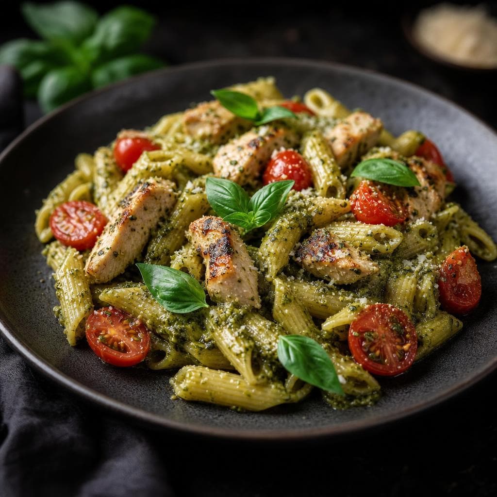 Chicken Pesto Penne - beautifully plated pasta dish