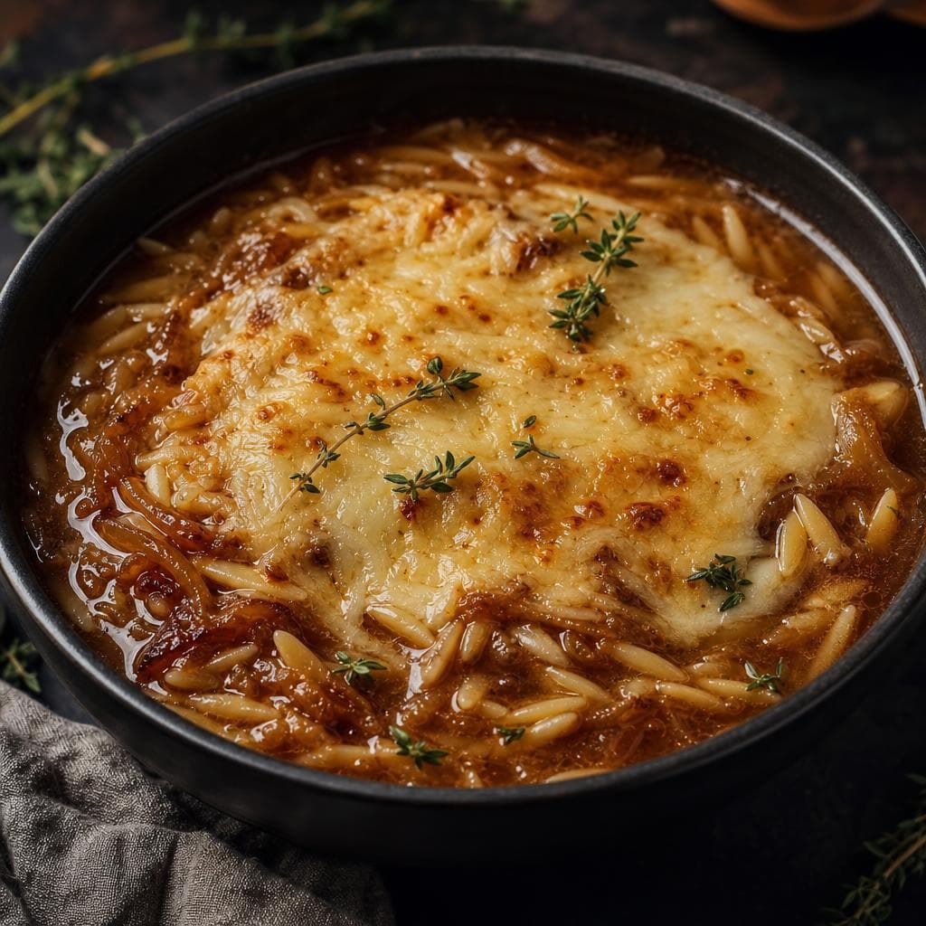 French Onion Orzo Soup - beautifully plated pasta dish