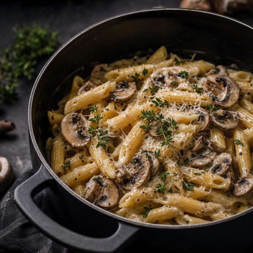 One-Pot Creamy Mushroom Pasta - beautifully plated pasta dish