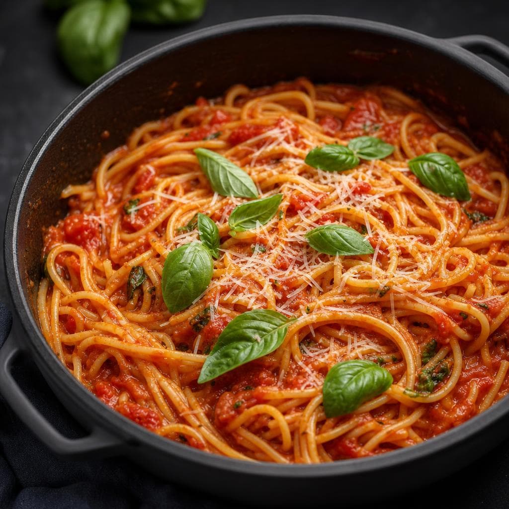 One-Pot Tomato Basil Pasta - beautifully plated pasta dish