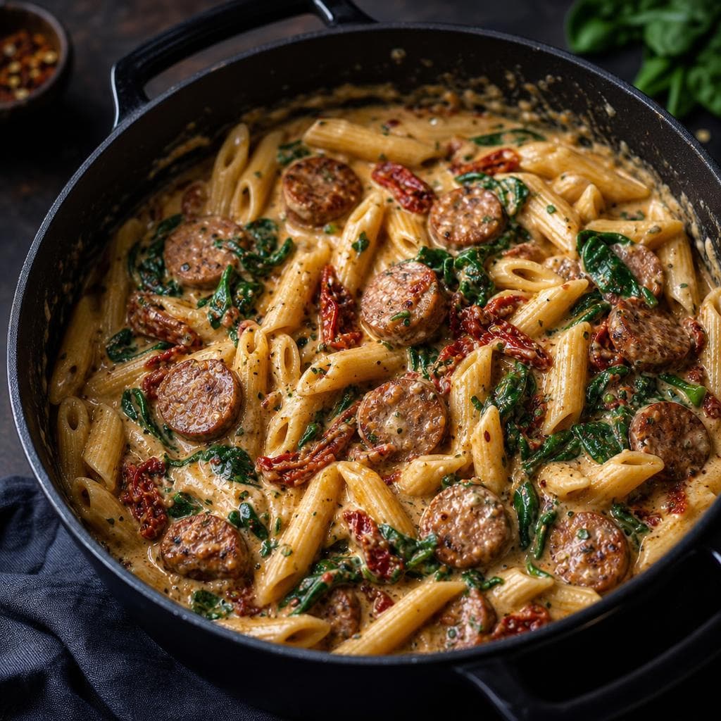 One-Pot Tuscan Sausage Pasta - beautifully plated pasta dish