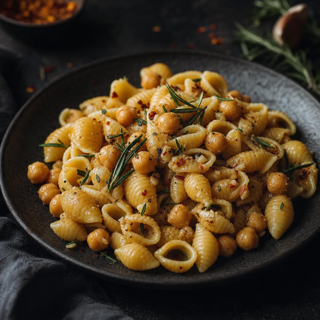Pantry Pasta with Chickpeas - beautifully plated pasta dish