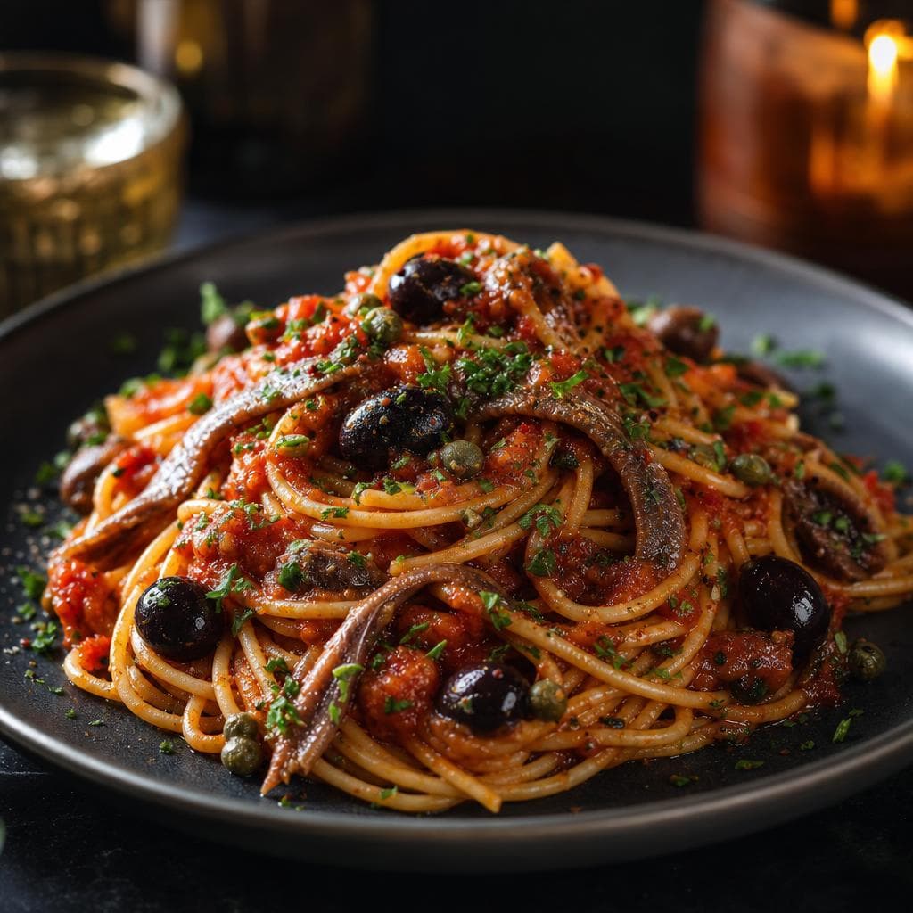 Pasta Puttanesca - beautifully plated pasta dish