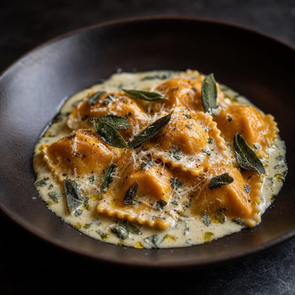 Pumpkin Ravioli with Sage Cream - beautifully plated pasta dish