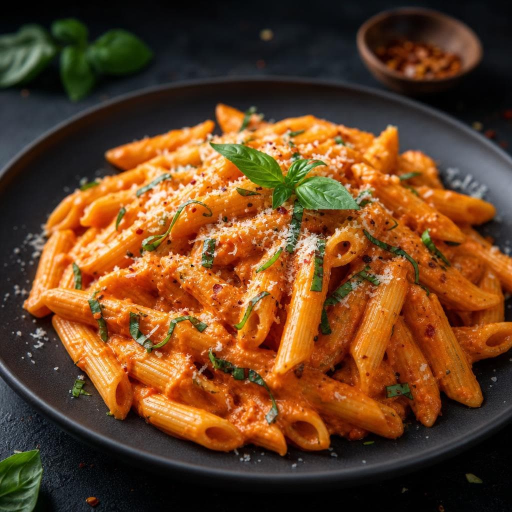 Roasted Red Pepper Pasta - beautifully plated pasta dish