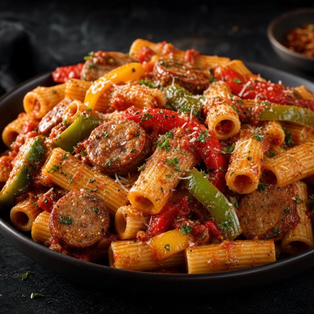 Sausage and Pepper Rigatoni - beautifully plated pasta dish