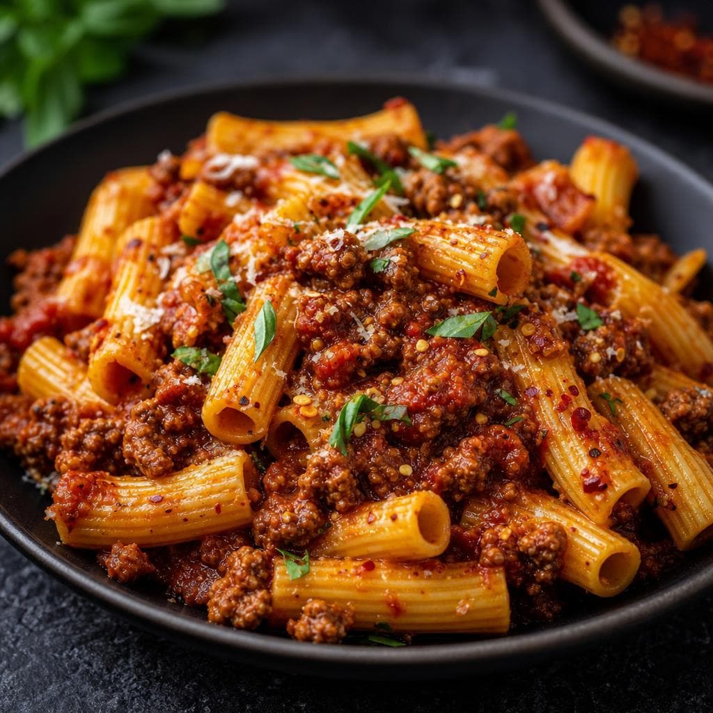 Spicy Sausage Ragù Pasta - beautifully plated pasta dish