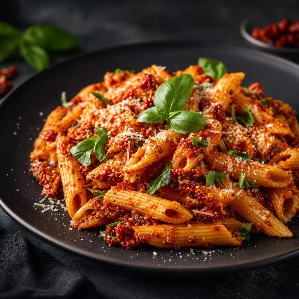 Sun-Dried Tomato Pesto Pasta - beautifully plated pasta dish