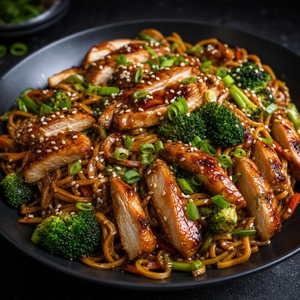 Teriyaki Chicken Noodles - beautifully plated pasta dish