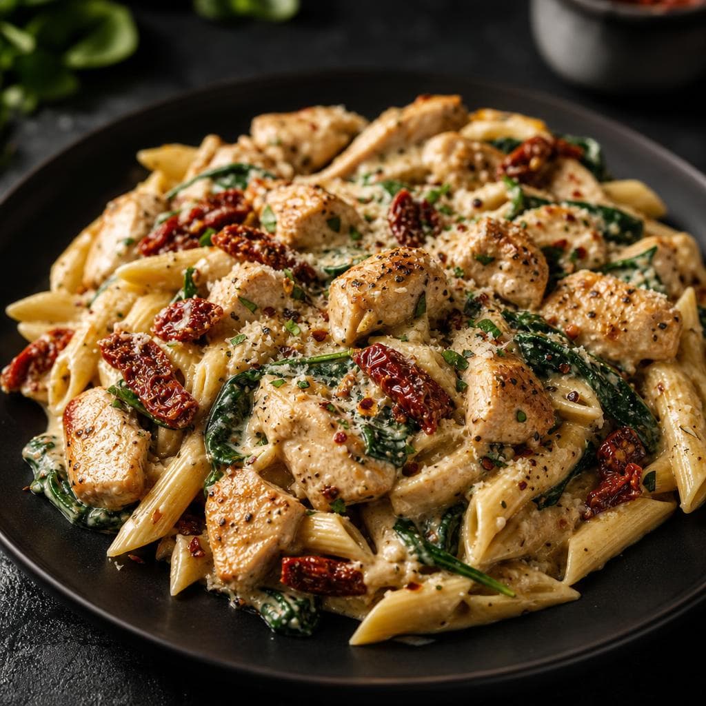 Tuscan Chicken Pasta - beautifully plated pasta dish