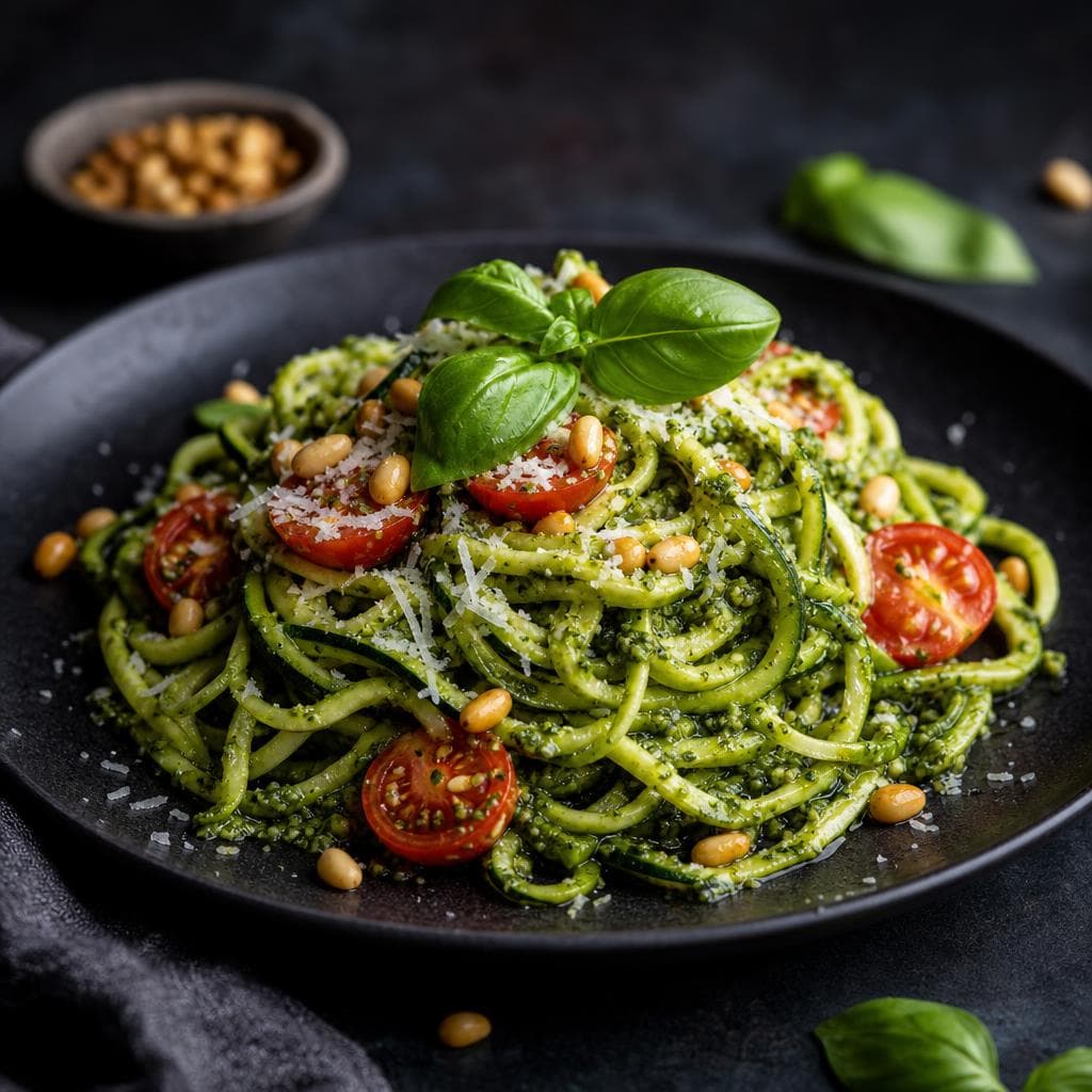 Zucchini Noodles with Pesto - beautifully plated pasta dish
